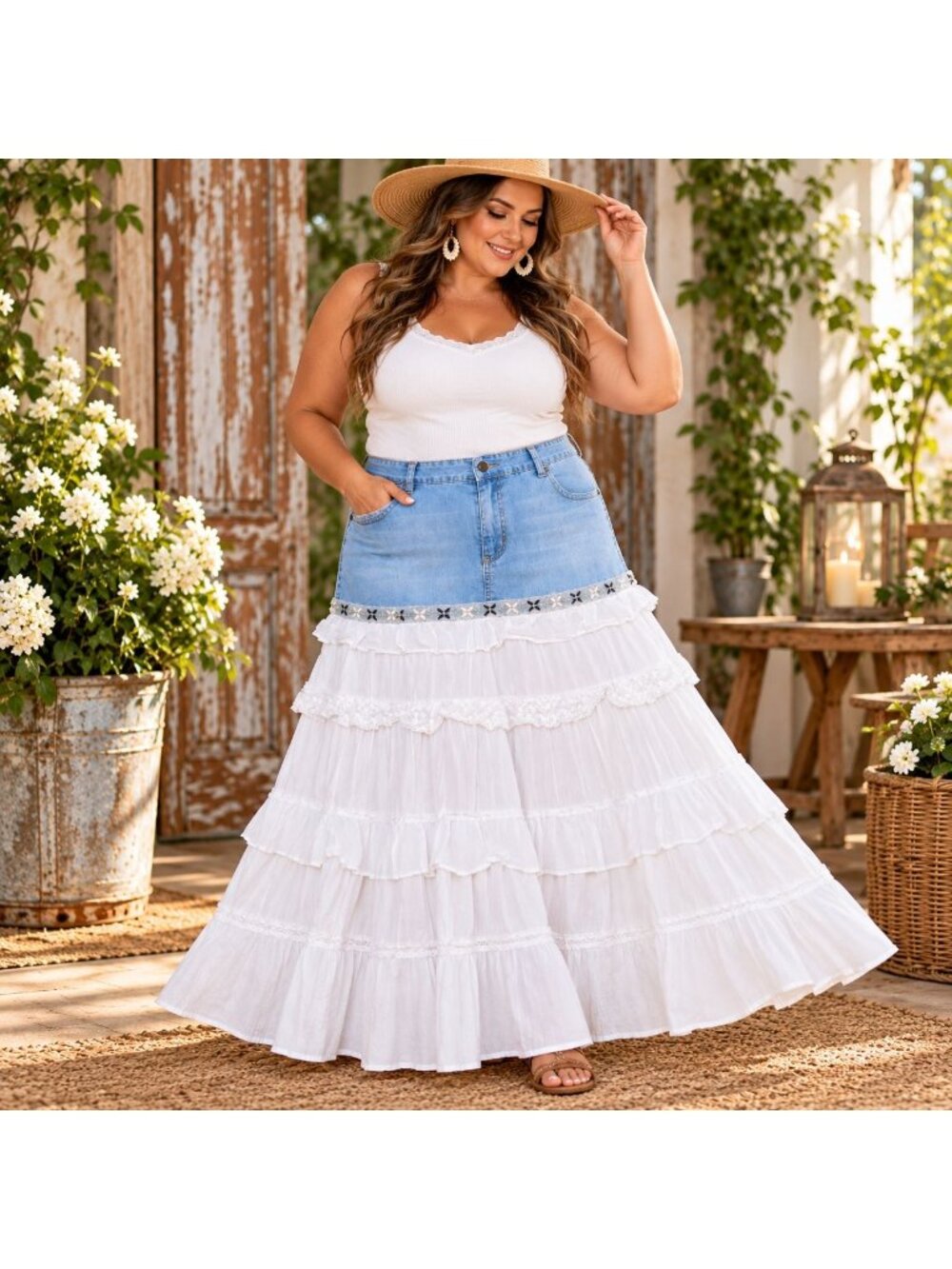 Venezia Jeans Skirt Womens 16 Denim White Tiered Ruffle Maxi Boho Y2K